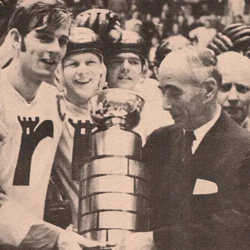 1971 - President Cup Champions – Guy Lafleur receives the President Cup as captain of the Remparts. The president of the QJAHL conducts the post-game ceremonies.