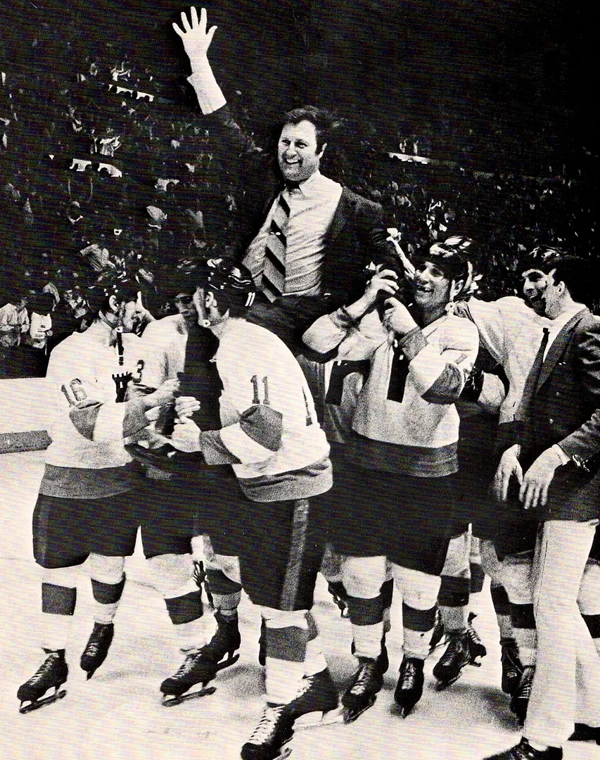Maurice Filion cheered by the crowd as the players parade him around the ice rink at the Colisée de Québec at the end of the 1971 season.